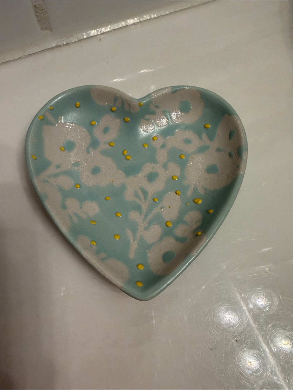 Heart-Shaped Ceramic Trinket Dish in Aqua and Cream with yellow accents